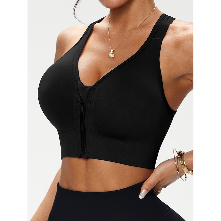 Bustiera de sport, tip sutien, elegant, sexy, prindere cu fermoar in fata, culoare negru, Negru