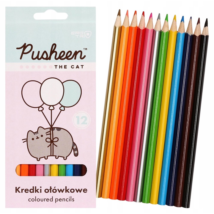 Set 12 creioane colorate Pusheen, triunghiulare, multicolor, din lemn, pentru copii, peste 3 ani