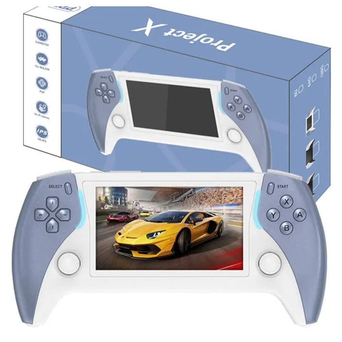 Consola Project X Pro Retro LUKETO®, Display IPS 4.3 Inch, Procesor Quad Core, Peste 20 Emulatoare, Memorie Extensibila, Joystick-uri 3D, Conectare TV, Environmental Lights, Sunet Stereo, Sistem Linux, Design Ergonomic Portabil, Alb/Gri