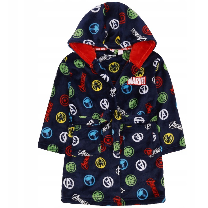 Halat de baie cu gluga pentru baieti, Marvel Avengers, bleumarin, 104cm, 2 buzunare, snur ajustabil