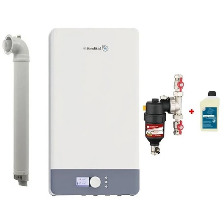Pachet Centrala termica pe gaz in condensare Fondital Antea Next KC 26 kW, Clasa A, Afisaj color si intuitiv, IPX5D, Incalzire + ACM, Kit de evacuare inclus si Filtru magnetic Cleanex Mag 1" - 3/4" 22 mm, anti-magnetita + Solutie Cleanex Allround