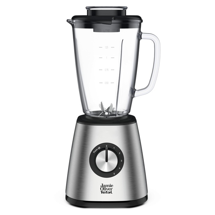 Mixer pe suport Jamie Oliver by Tefal, usor de utilizat, putere de 800 wati, recipient din sticla termica robust (capacitate utila 1, 25 L), functie de gheata pisata, 5 trepte de viteza, mixer, otel inoxidabil, BL43J810
