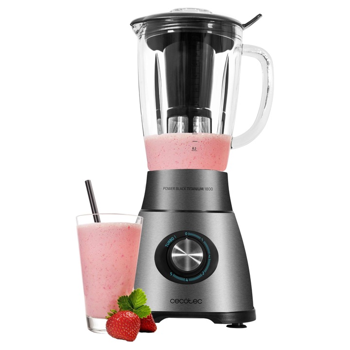 Mixer Cecotec Power Black Titanium 2500MAX Spatula.1800W, 22000 RPM, 6 lame de titan, recipient termorezistent de 1.8L, 5 viteze, turbo, filtru de suc, Metaluxe, capac de etansare