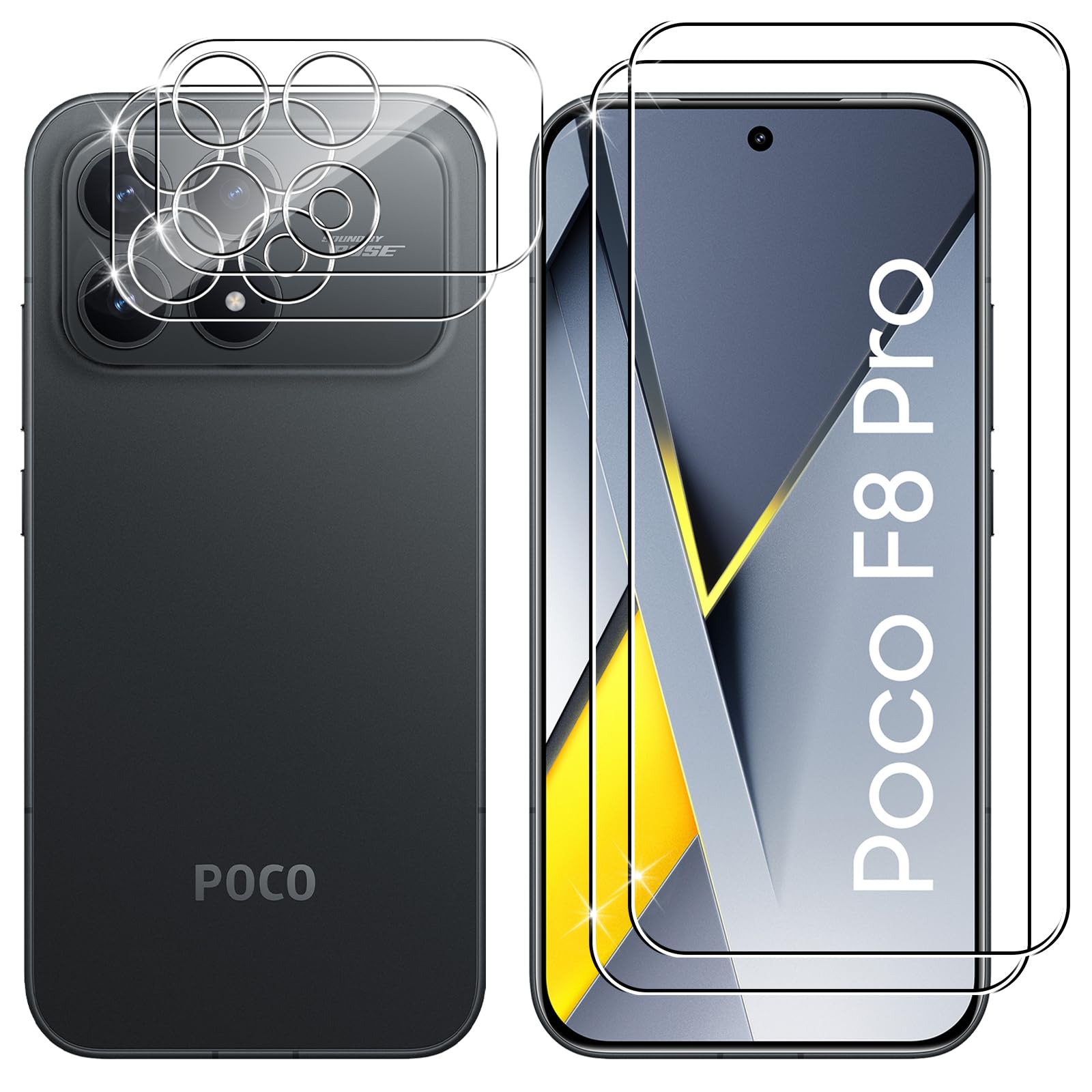 2+2 Pack pentru Xiaomi Poco F8 Pro - Film de protectie pentru ecran din sticla temperata si film de protectie pentru camera, film de protectie pentru ecran din sticla temperata cu sensibilitate ridicata