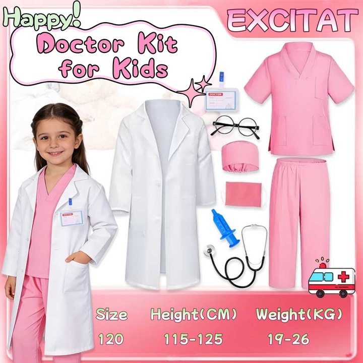 Costum de carnaval pentru copii, Excitat®, Set costum de doctor pentru, cu halat si accesorii incluse, varsta recomandata 4-17 ani, Baietii si fetele pot purta, Marimi120, roz