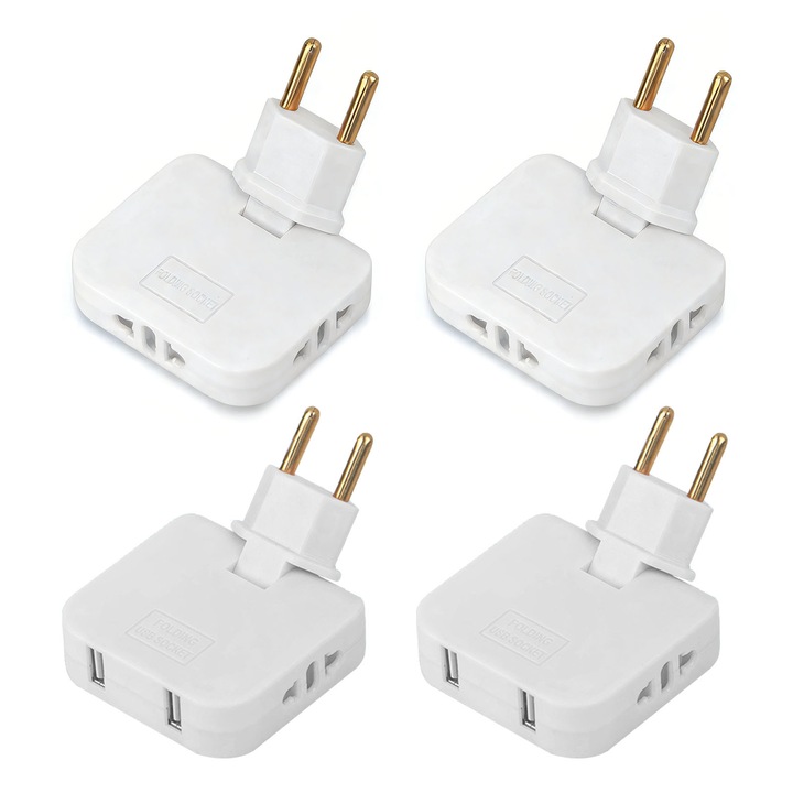 Set 4 adaptor, asskanaer, Stecher priza multiple cu USB 3 in 1, Adaptor triplu stecher pentru priza cu rotire 180°, Cu 2 porturi USB, Max 2500 W, 10 A, 250 V, Pentru calatorie si spatii putin accesibile, PP, 7*6.5 cm, Alb