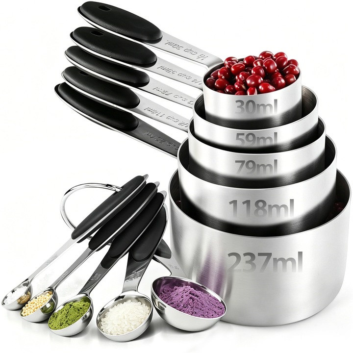 Set 10 ustensile pentru bucatarie, BYONDSELF®, cu 5 Linguri de Masurat si 5 Cupe de Masurat, 1.25-15ml/30-250ml, din Otel Inoxidabil si Silicon, pentru Condimente Si Faina, Argin