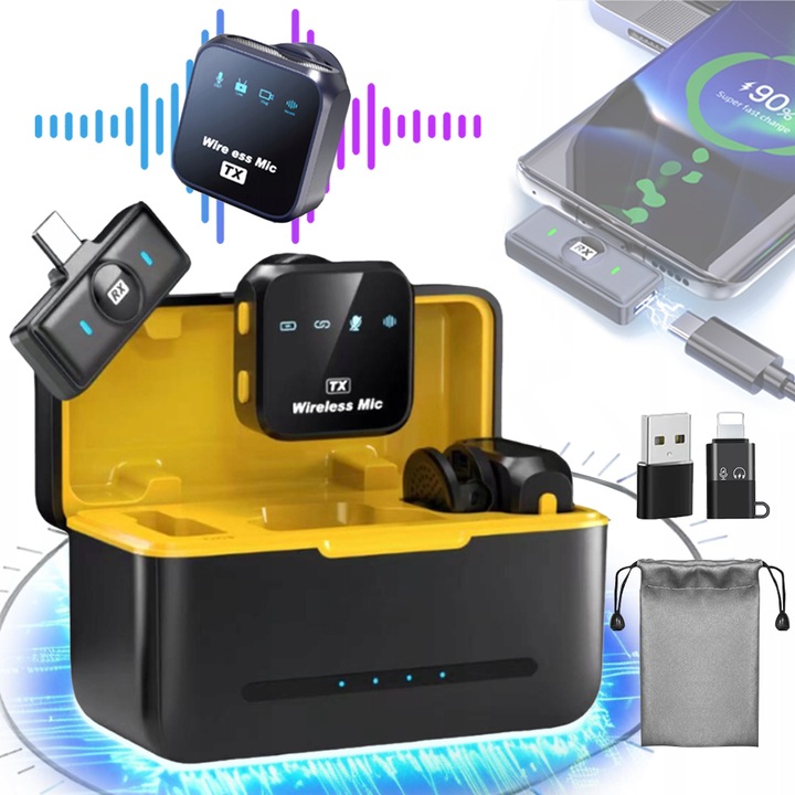 Microfon Lavaliera Wireless, KINSI, Reducere Zgomot, Portabil, Negru