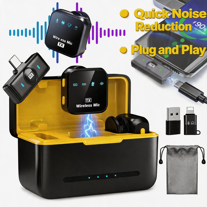Set 2 Microfoane Lavaliera Profesionale, Tressino, 1000mAh-1200mAh, 20Hz-20KHz, DSP, Magnetism, Display LED, Raza Actiune 30m, Carcasa Incarcare, Type-C, Plug and play, Noise Canceling, Compatibil Android, iOs, laptop, Negru