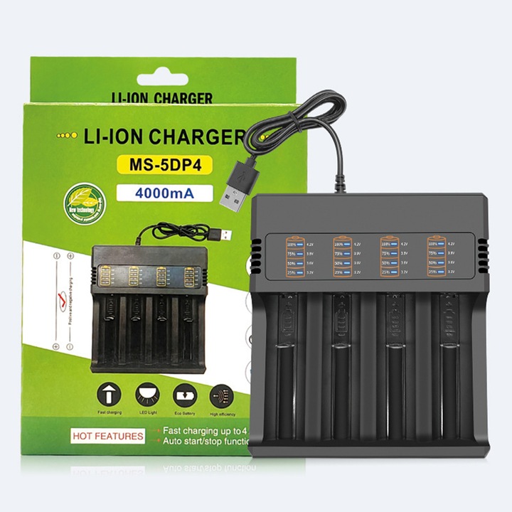 Încărcător universal pentru 4 acumulatori, SDLOGAL, protecții multiple, negru, dimensiuni compacte