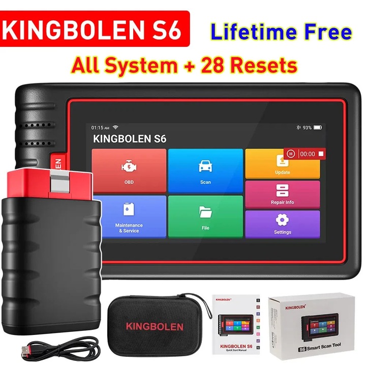 KINGBOLEN S6 autodiagnosztikai teszter, Android 10 táblagép, minden rendszerhez, 28 szervizfunkció, Auto VIN, élő adatok 4 az 1-ben, WiFi 2.4/5GHz, Bluetooth 5.1 VCI-vel, ingyenes szoftverfrissítés élethosszig, jelentések, DTC kód adatbázis, 12V OBD2
