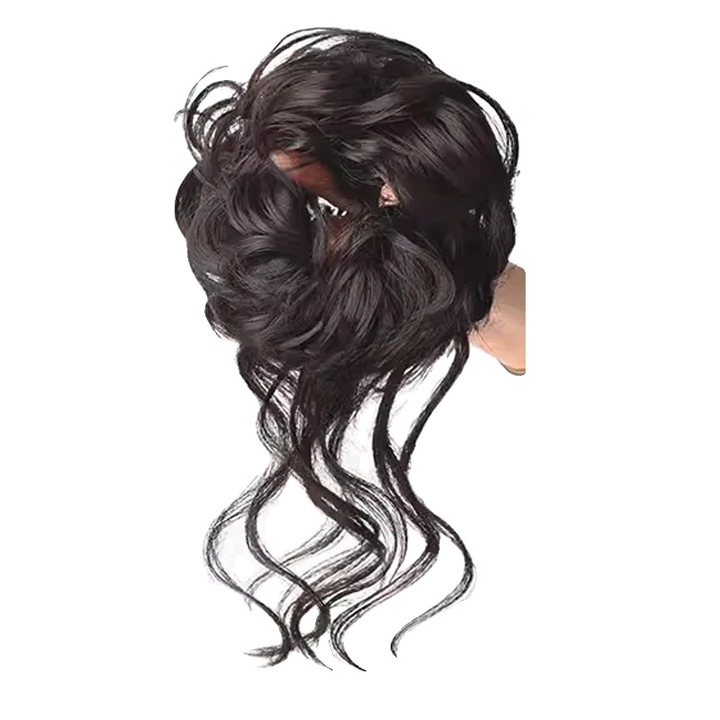 Extensions chignon din par uman, aspect natural, usor de aplicat, ondulat, negru-maro, 30x30cm