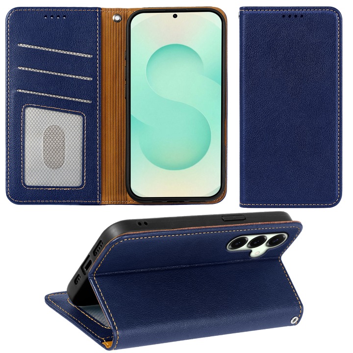 Husa pentru Samsung Galaxy S25, Omelivon, Leather Flip Cover, cu Portofel Interior, Functie de Stand si Inchidere Magnetica, Finisaje Premium, Antisoc, Albastru