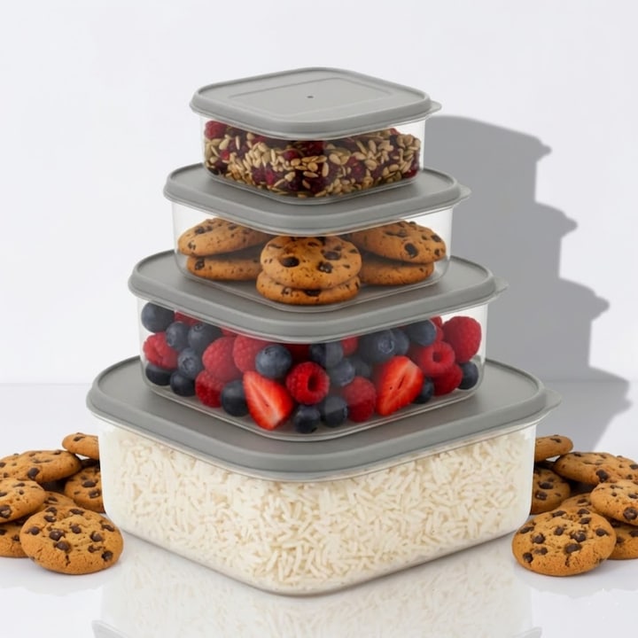 Set 4 recipient de depozitare alimente Salestore.ro®, etanse, cutie cu capac, plastic fara BPA, organizare usoara, cutii alimentare rezistente la rece, 0.2L, 0.53L, 1.1L, 2.2L Gri/Transparent