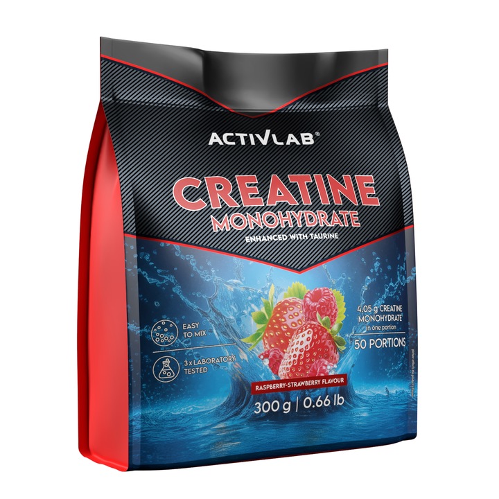 Хранителна добавка Activlab Creatine Monohydrate With Taurine, С Таурин, Вкус Ягоди И Малини, 300 G