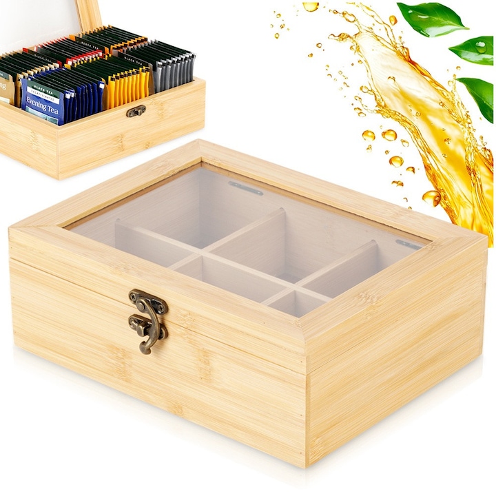 Recipient Pentru Ceai, Excellent Houseware, 21x16x7,5 cm, Fabricat Din Lemn De Bambus, 6 Compartimente Pentru Diferite Ceaiuri, Capac Transparent Pentru A Vedea Continutul, Inchis Cu Un Sistem Elegant, Bej