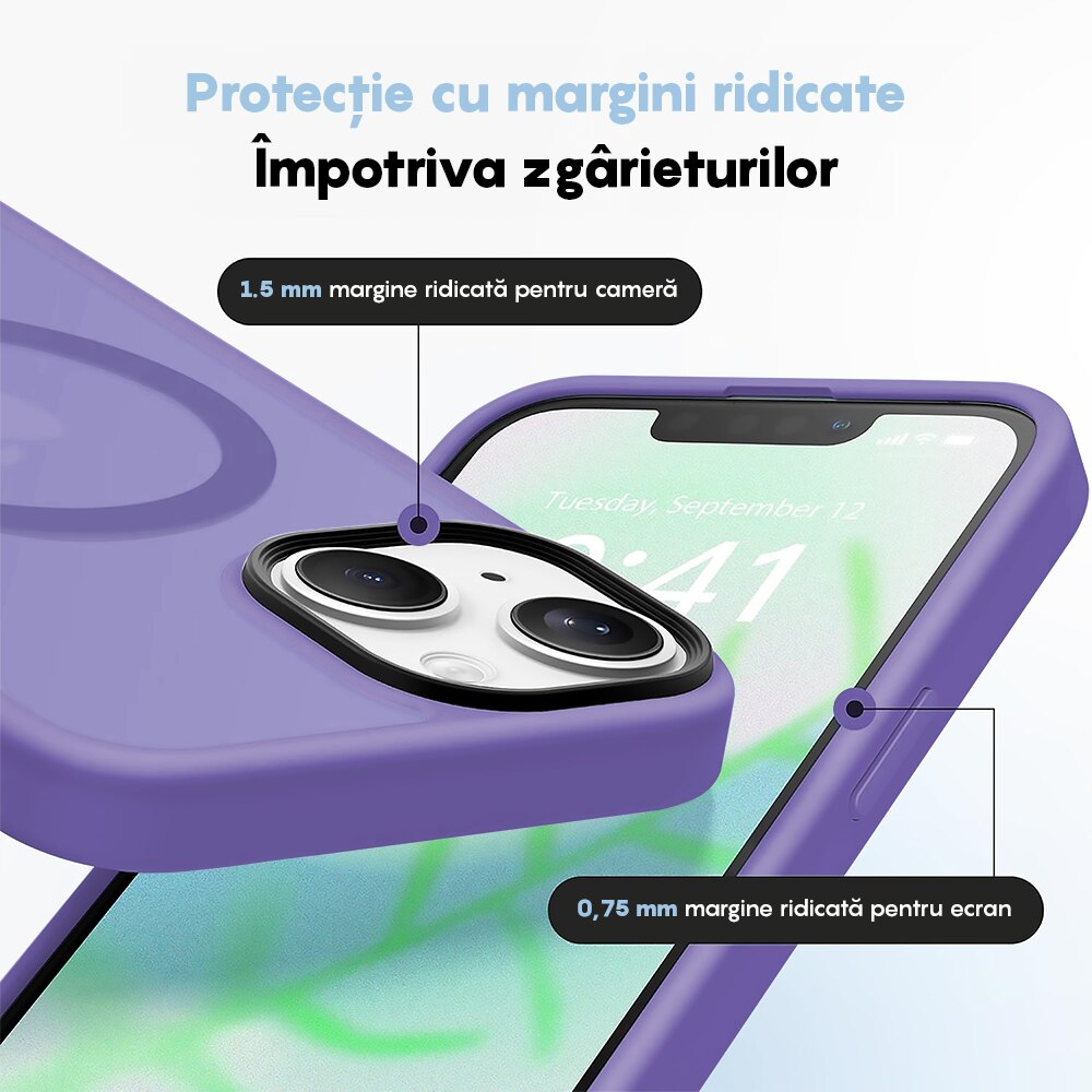 Husa compatibila cu Incarcare Magsafe pentru Apple iPhone 13, CASEY STUDIOS™, pentru Incarcare Wireless, Slim Margini Ridicate pentru Protectia Ecranului si a Camerelor, Mov Deschis