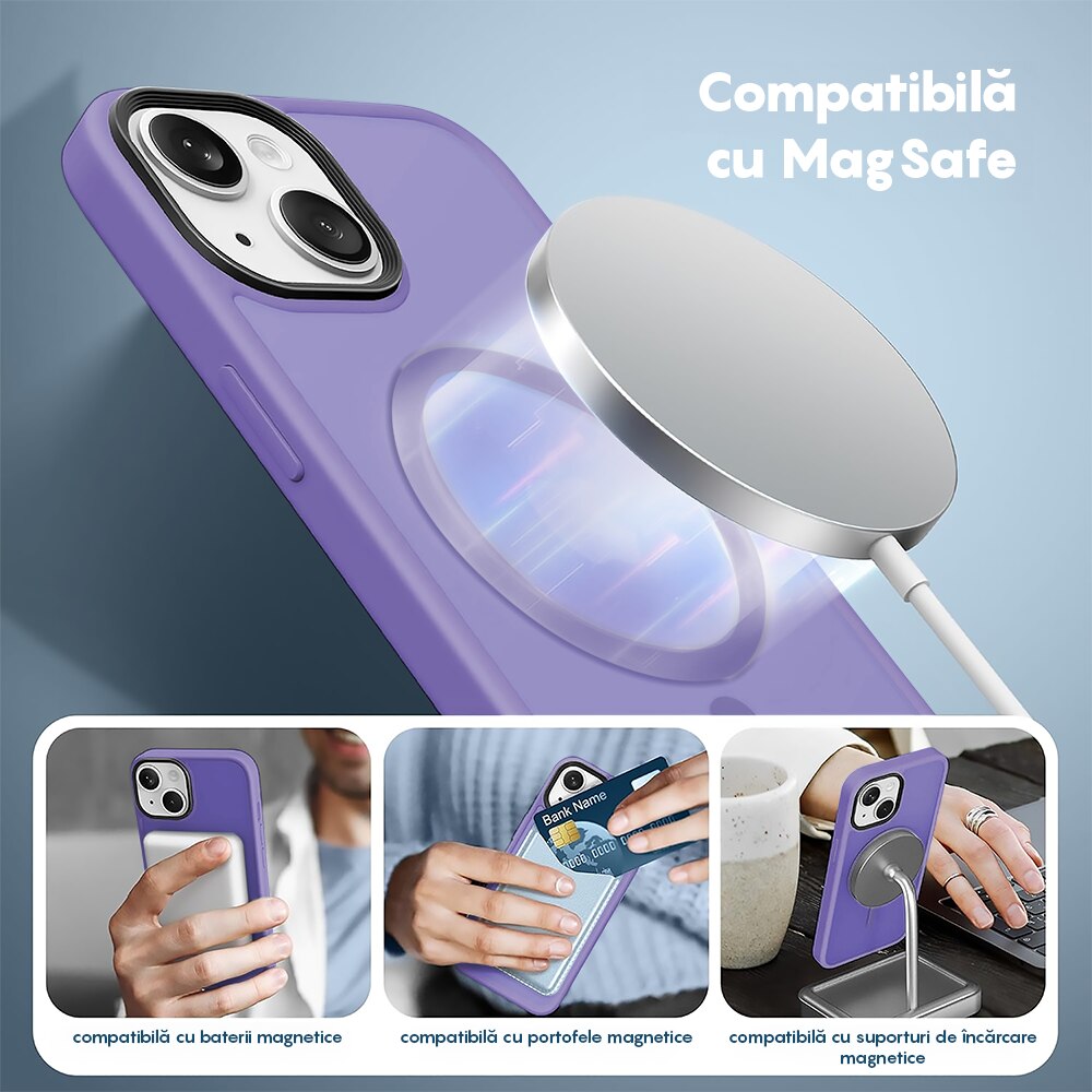 Husa compatibila cu Incarcare Magsafe pentru Apple iPhone 13, CASEY STUDIOS™, pentru Incarcare Wireless, Slim Margini Ridicate pentru Protectia Ecranului si a Camerelor, Mov Deschis