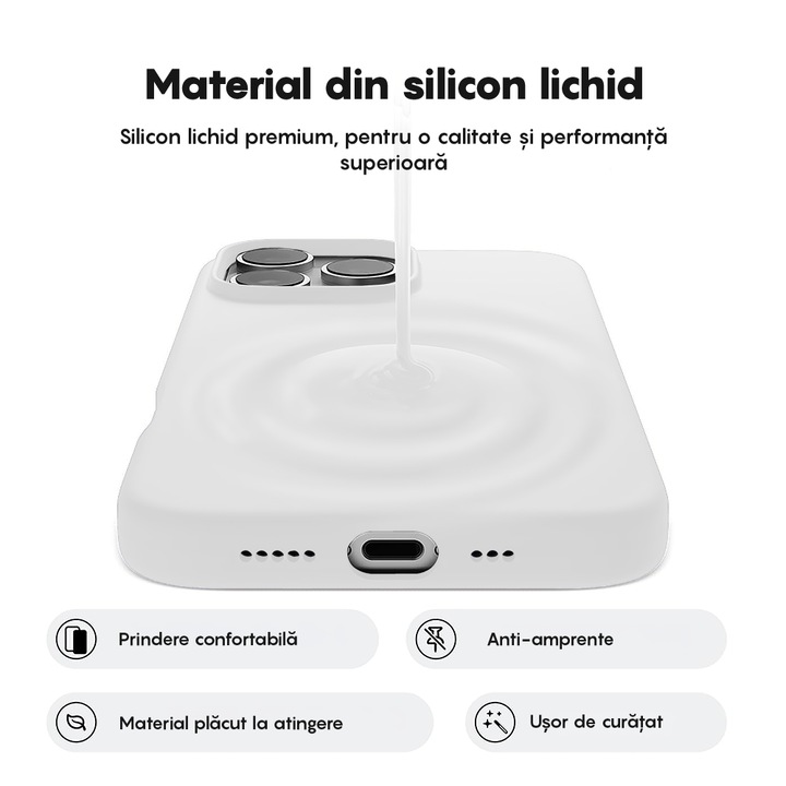 Husa CASEY STUDIOS™ pentru Apple iPhone 16 Pro Max, Soft Silicone Premium, Microfibra in Interior, Ultra Slim, pentru Incarcare Wireless, Margini Ridicate pentru Protectia Ecranului si a Camerelor, Alb