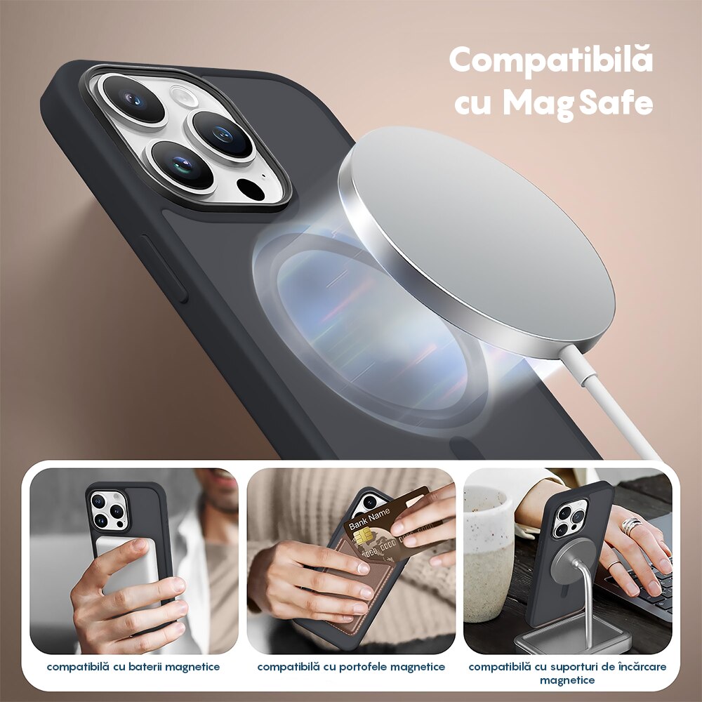 Husa compatibila cu Incarcare Magsafe compatibila cu iPhone 14 Pro, CASEY STUDIOS™, de Protectie, Slim, pentru Incarcare Wireless, Margini Ridicate de Protectia Ecranului si a Camerelor, Negru