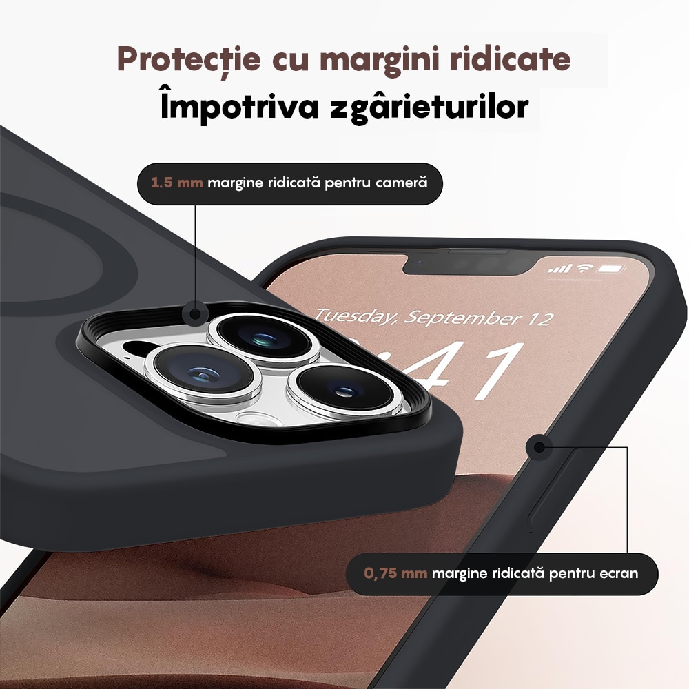 Husa compatibila cu Incarcare Magsafe compatibila cu iPhone 14 Pro, CASEY STUDIOS™, de Protectie, Slim, pentru Incarcare Wireless, Margini Ridicate de Protectia Ecranului si a Camerelor, Negru