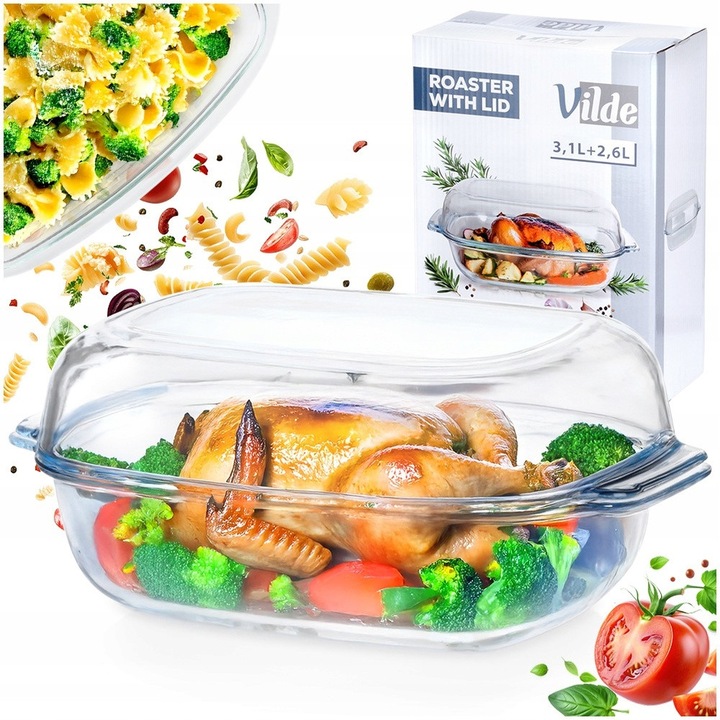 Vas Termorezistent Dreptunghiular Cu Capac, Vilde, 3.1+2.6 l, 34.5x22.5 cm, Transparent, Din Sticla Borosilicata, Ideal Pentru Coacere Si Servire Mancare, Rezistent La Temperaturi Extreme De La -30°C La +400°C, Compatibil Cuptor Si Masina De Spalat