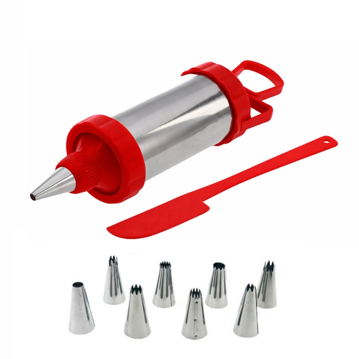 Seringa pentru ornat, 9 capete, spatula inclusa, inox si plastic, rosu-argintiu, 20x5 cm