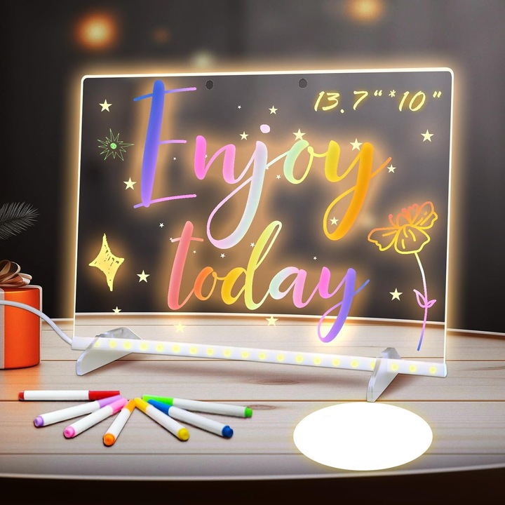 Tabla LED Scris si Desen, Nierbo®, 7 culori, 4 moduri, cu 7 markere, 30x20 cm, Reutilizabila, Accesorii Complete, Ideal pentru Joaca, Camera, Birou si Home Office, Acril