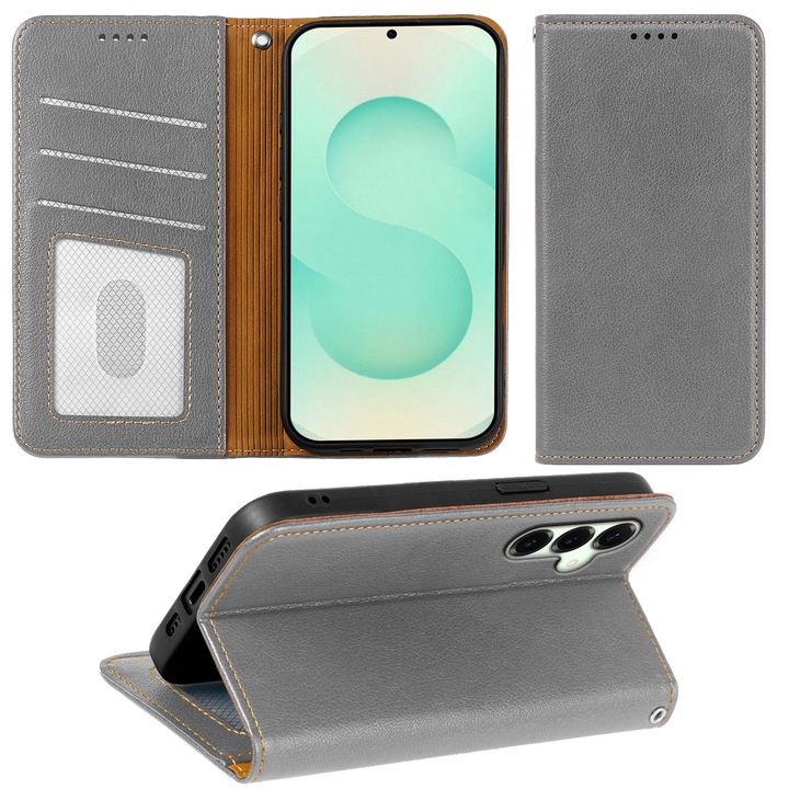 Husa pentru Samsung Galaxy S25 Plus, Omelivon, Leather Flip Cover, cu Portofel Interior, Functie de Stand si Inchidere Magnetica, Finisaje Premium, Antisoc, Gri