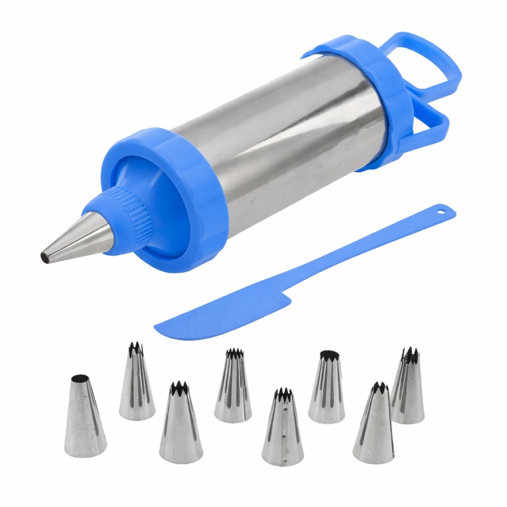 Seringa pentru ornat, 9 capete, spatula inclusa, inox+plastic, albastru, 20x5 cm