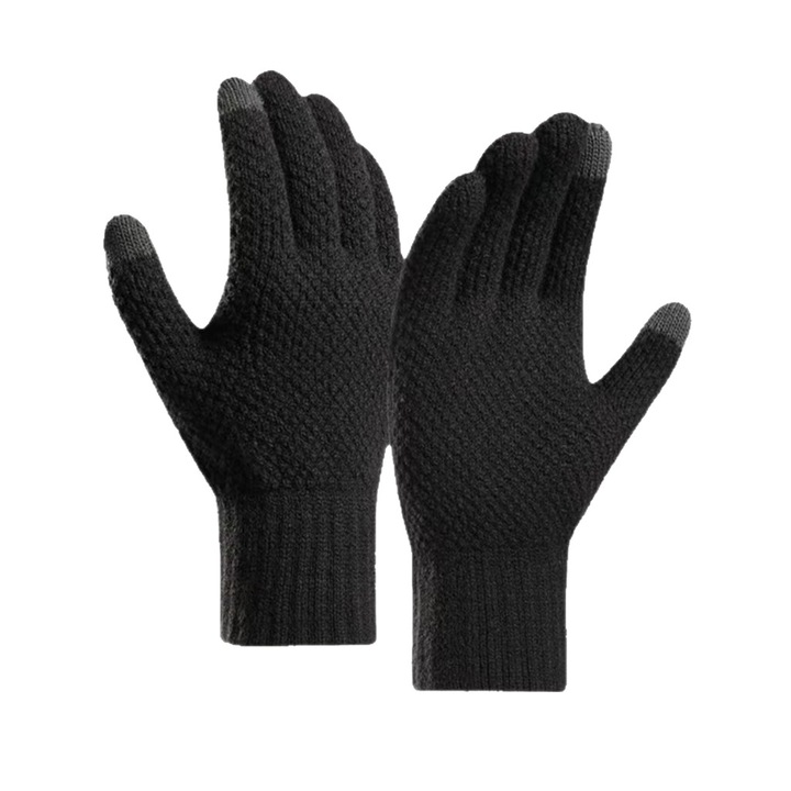 Manusi, OEM, Manusi pentru barbati cu ecran tactil, Manusi noi de iarna tricotate Jacquard ingrosate pentru aderenta, pentru ciclism in aer liber, calde, rezistente la frig, Manusi - Negru