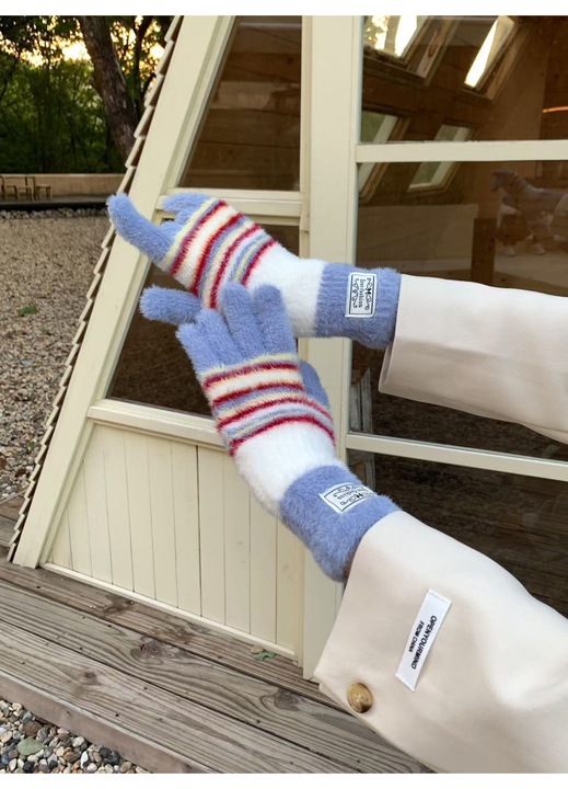 kesztyű, OEM, Puha, csíkos, színes kesztyű, új ötuujjú téli kesztyű, plusz vastag, meleg, hidegálló kesztyű - kék