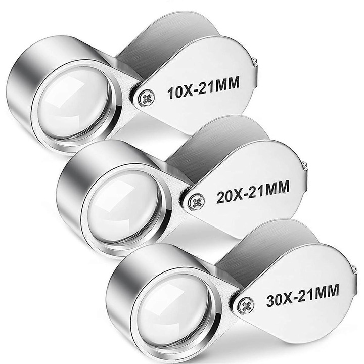 Комплект от 3 лупи за бижутери 10x, 20x, 30x, метални, сребристи, размери: 10x21mm, 20x21mm, 30x21mm