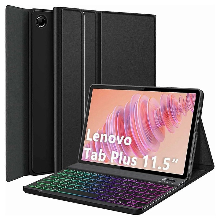 Tastatura Bluetooth cu iluminare RGB pentru tablete, suport stilou, 60 ore autonomie, 11.5 inch, negru