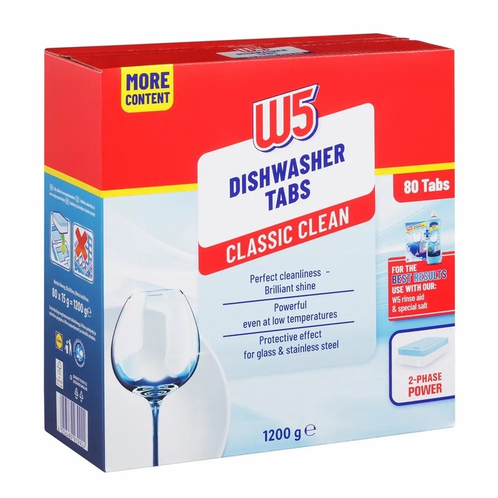 Tablete pentru maşina de spălat vase W5 Classic, 80 bucăţi, protecţie sticlă, lustruire inox