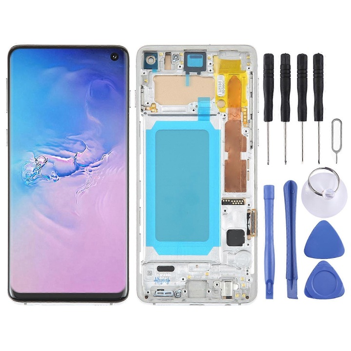 TFT LCD екран за Samsung Galaxy S10 SM-G973, пълен комплект с рамка, сребрист