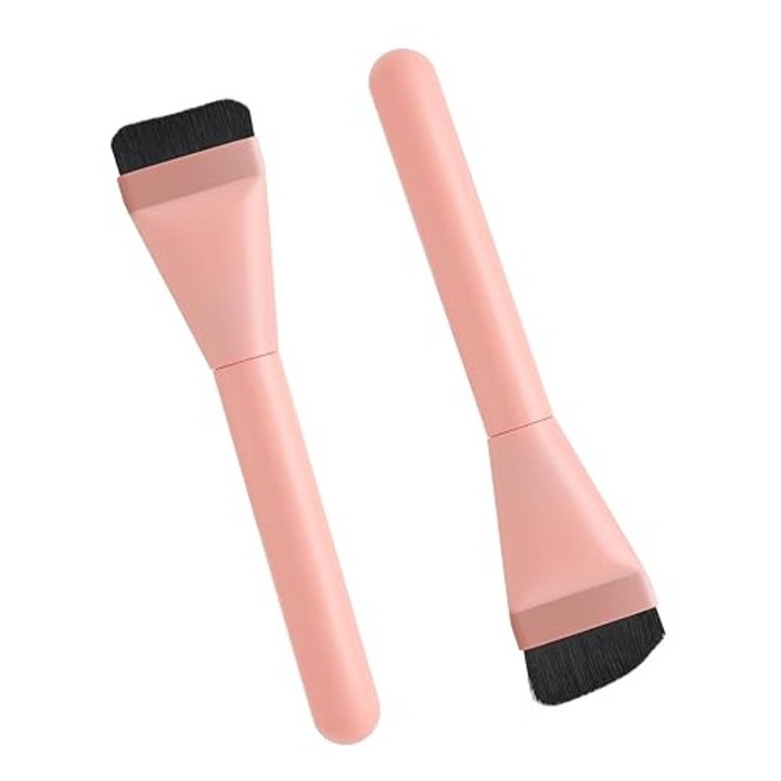 Set pensule machiaj, 2 pensule roz cu peri negri, design plat si unghiular, aplicare uniforma, dimensiuni compacte