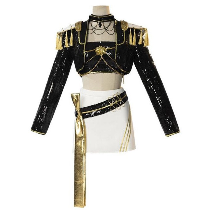 Costum complet K-pop Witcher pentru copii, negru, dimensiune 150, peruca Mila inclusa