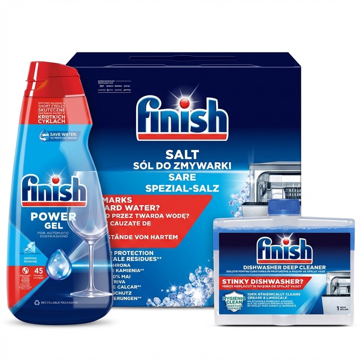 Set detergent pentru masina de spalat vase Finish, 4 kg sare, 900 ml gel Max Power Fresh, 250 ml solutie curatare