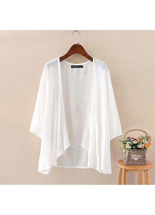 Női kardigán, poliészter/rayon, fehér, vékony anyag, háromnegyedes ujjú, alkalmi stílusú