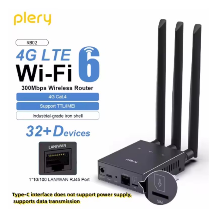 Безжичен рутер 4G LTE Plery WiFi6 300Mbps, 3 външни антени 5dBi, черен, 1 брой