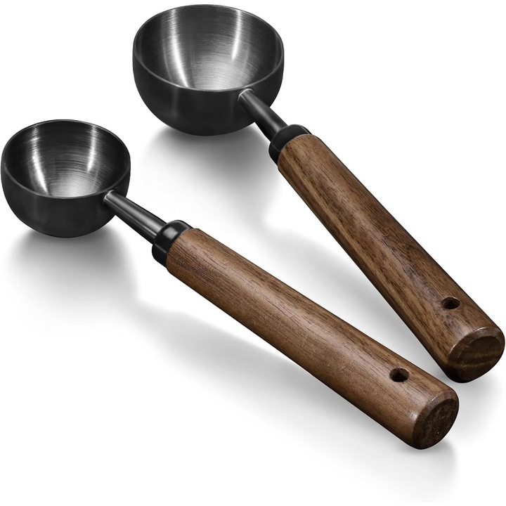 Set 2 linguri de cafea din otel inoxidabil 304, 1 lingura (15 ml) si 2 linguri (30 ml), maner din lemn de nuc, lungime 16x3,5cm si 17x4,5cm