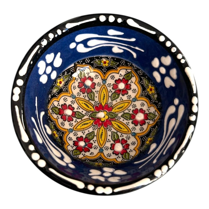 Bol mic din ceramica, lucrat manual, albastru inchis, pentru sosuri, alune, nuci, bijuterii, ornament, decoratiune, 8x4cm