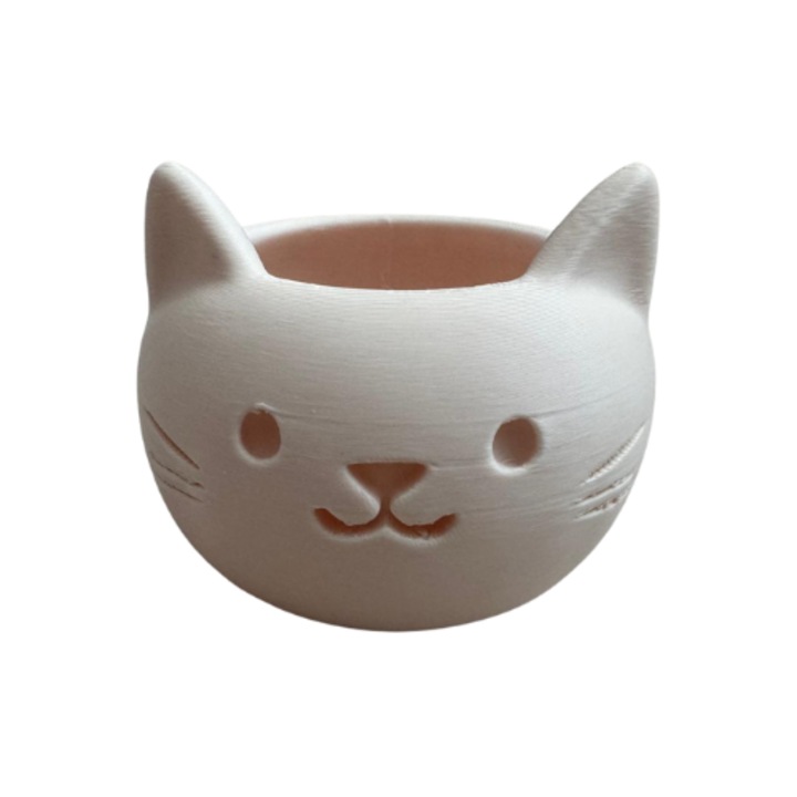 Vază decorativă cap de pisică, plastic, crem, diametru 8 cm