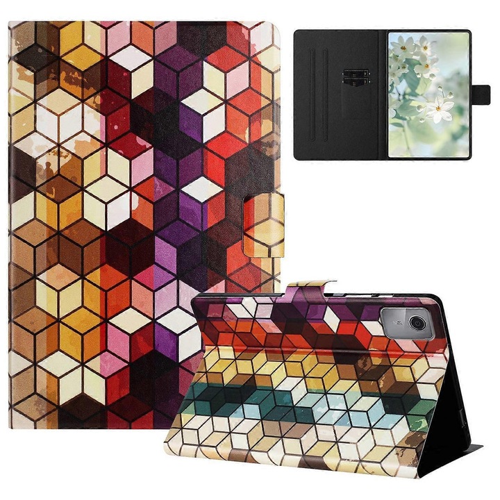 Tabletok tok Lenovo Tab M11 TB-330FU-hoz, mintás dizájn, licsi textúra, kártyatartó, többszínű