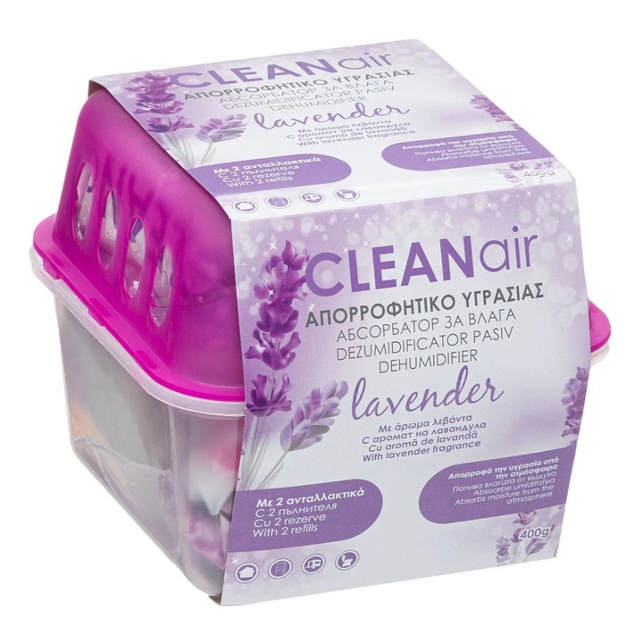 Dezumidificator pasiv cu aroma de lavandă, 400g, set 2 rezerve, pentru spații până la 35m2