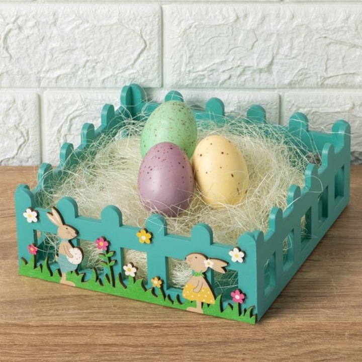 Ladita decorativa Paste din lemn turcoaz, 19x19x7cm, cu iepurasi