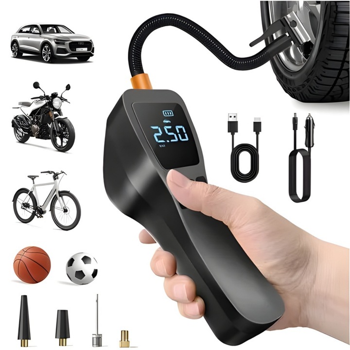 Compresor Aer Portabil Macvi® 150 PSI cu Baterie 5400 mAh Afisaj Digital LED Incarcare USB Type C si Priza Auto pentru Anvelope Masina Bicicleta Moto
