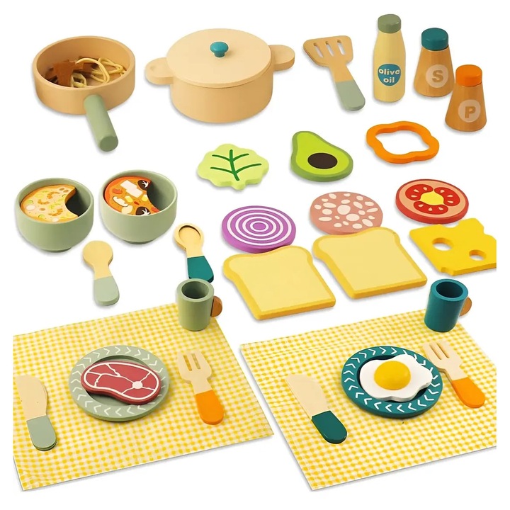 Bucatarie pentru Copii, BYONDSELF®, Piese, din Lemn, Include Mancare Jucarie, Tacamuri si Ustensile de Gatit, pentru 4+ Ani, Multicolor