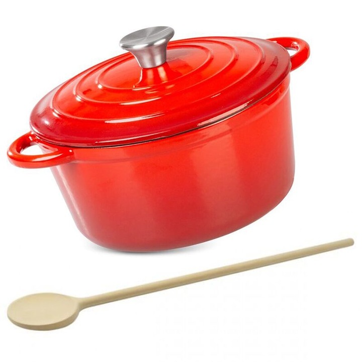 Zománcozott öntöttvas edény fedővel, rozsdamentes acél fogantyúval, fa kanállal, piros, 4 L, Magic Home